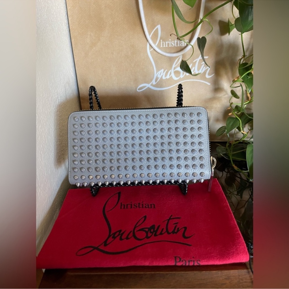 Christian Louboutin Studded Light Gray Wallet on Chain